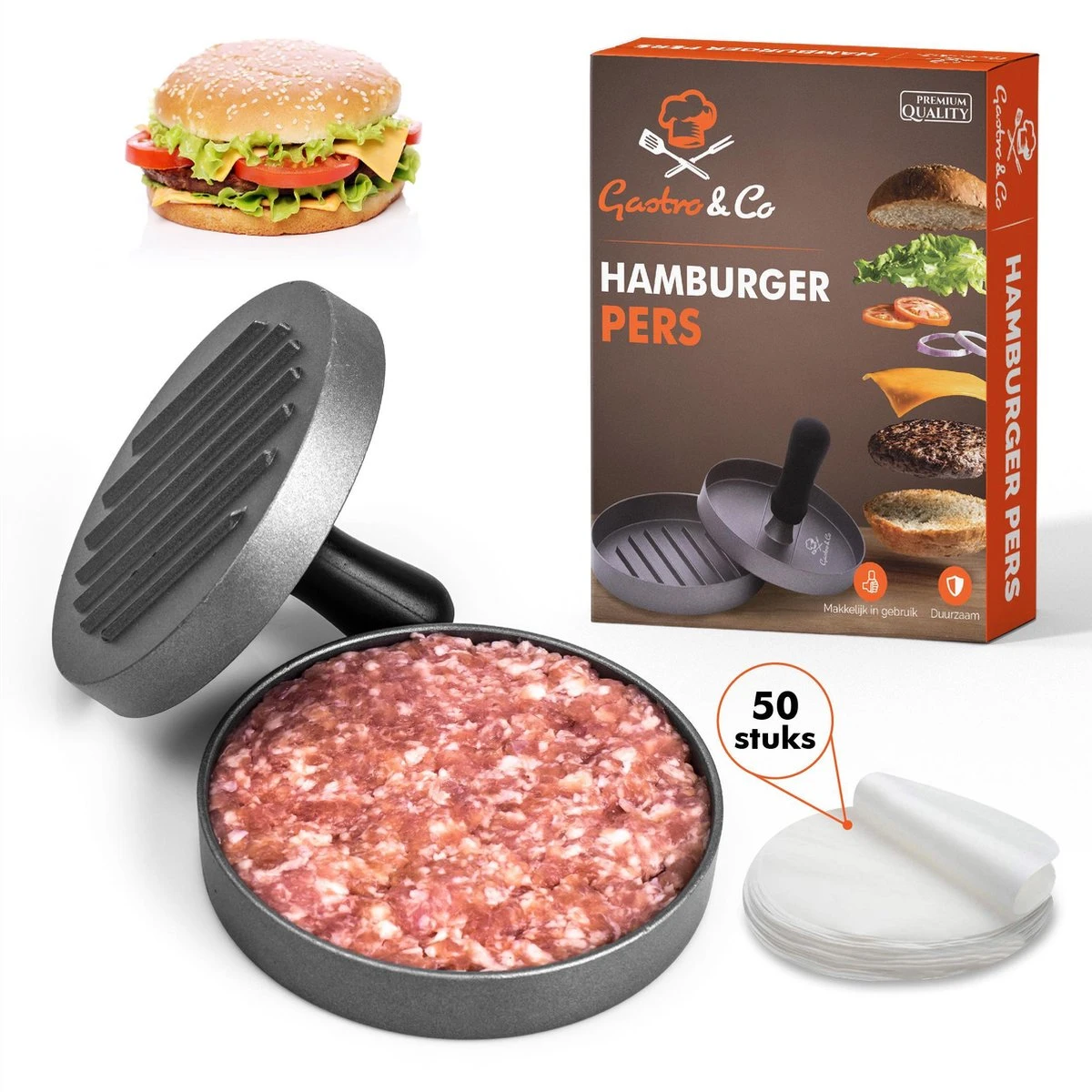 Gastro & Co Hamburgerpers - Inclusief 50 Waxpapiertje - Roestvrij Stalen Hamburger Pers Met Non-stick Zinken Coating Antiaanbaklaag - 11,7 Cm Diameter 1 Gastro & Co Hamburgerpers - Inclusief 50 Waxpapiertje - Roestvrij Stalen Hamburger Pers Met Non-stick Zinken Coating Antiaanbaklaag - 11,7 Cm Diameter