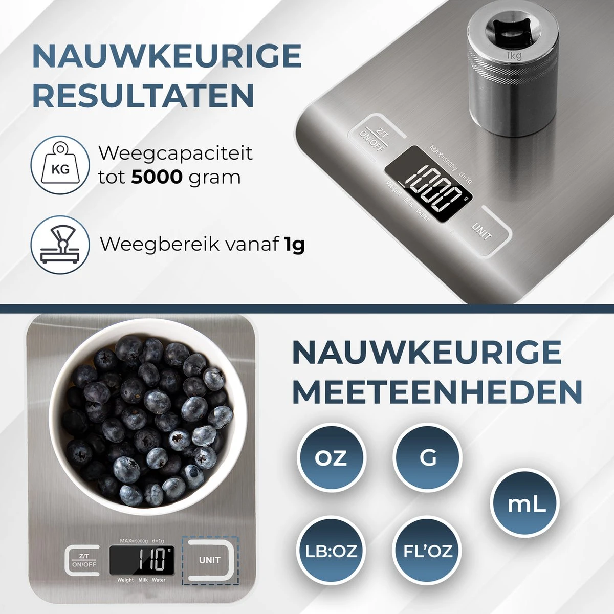 Ease Store Digitale Keuken Weegschaal Precisie – 1gr Tot 6kg – Elektrisch – Inclusief Batterijen – Tarra Functie - RVS 2 Ease Store Digitale Keuken Weegschaal Precisie – 1gr Tot 6kg – Elektrisch – Inclusief Batterijen – Tarra Functie - RVS - Afbeelding 2