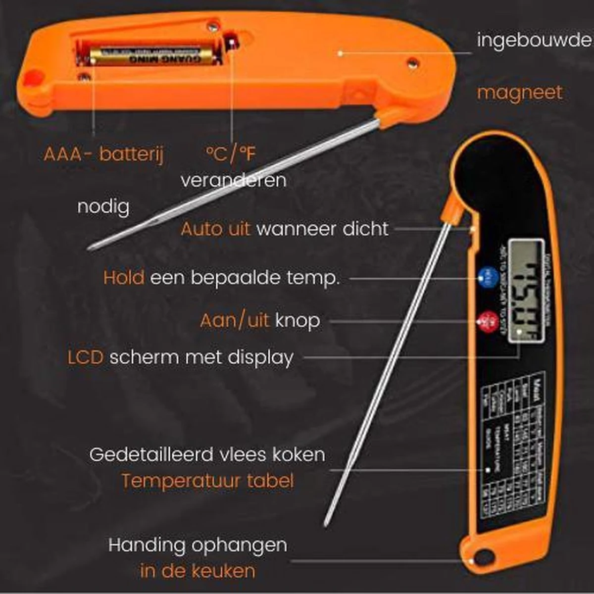 Digitale Vleesthermometer Waterdicht - BBQ Thermometer - Kernthermometer - Suikerthermometer – Kookthermometer Voor Vloeistof 6 Digitale Vleesthermometer Waterdicht - BBQ Thermometer - Kernthermometer - Suikerthermometer – Kookthermometer Voor Vloeistof - Afbeelding 6