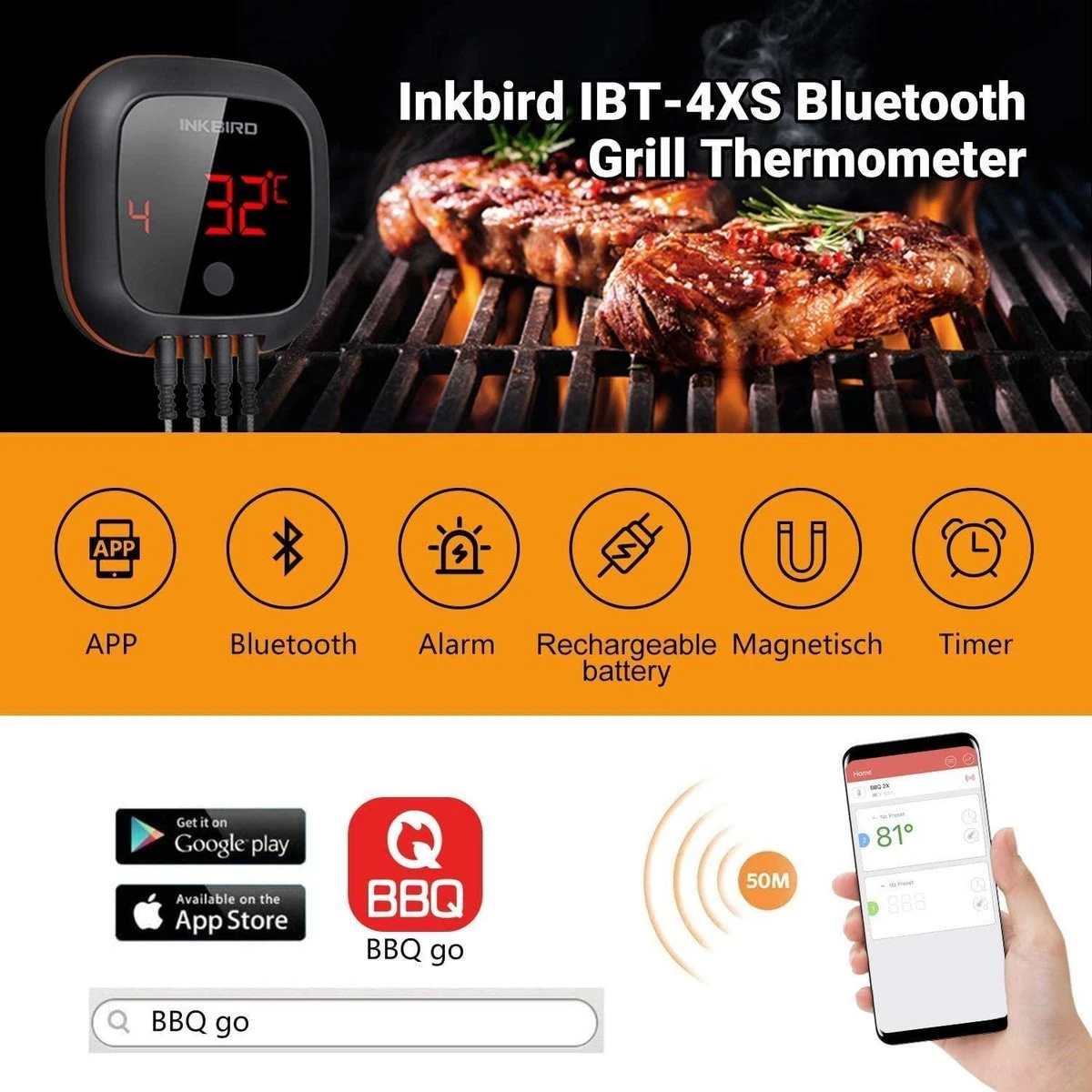 Inkbird IBT-4XS Bluetooth Thermometer - Keukenthermometer - Oplaadbare Accu 14 Inkbird IBT-4XS Bluetooth Thermometer - Keukenthermometer - Oplaadbare Accu - Afbeelding 14