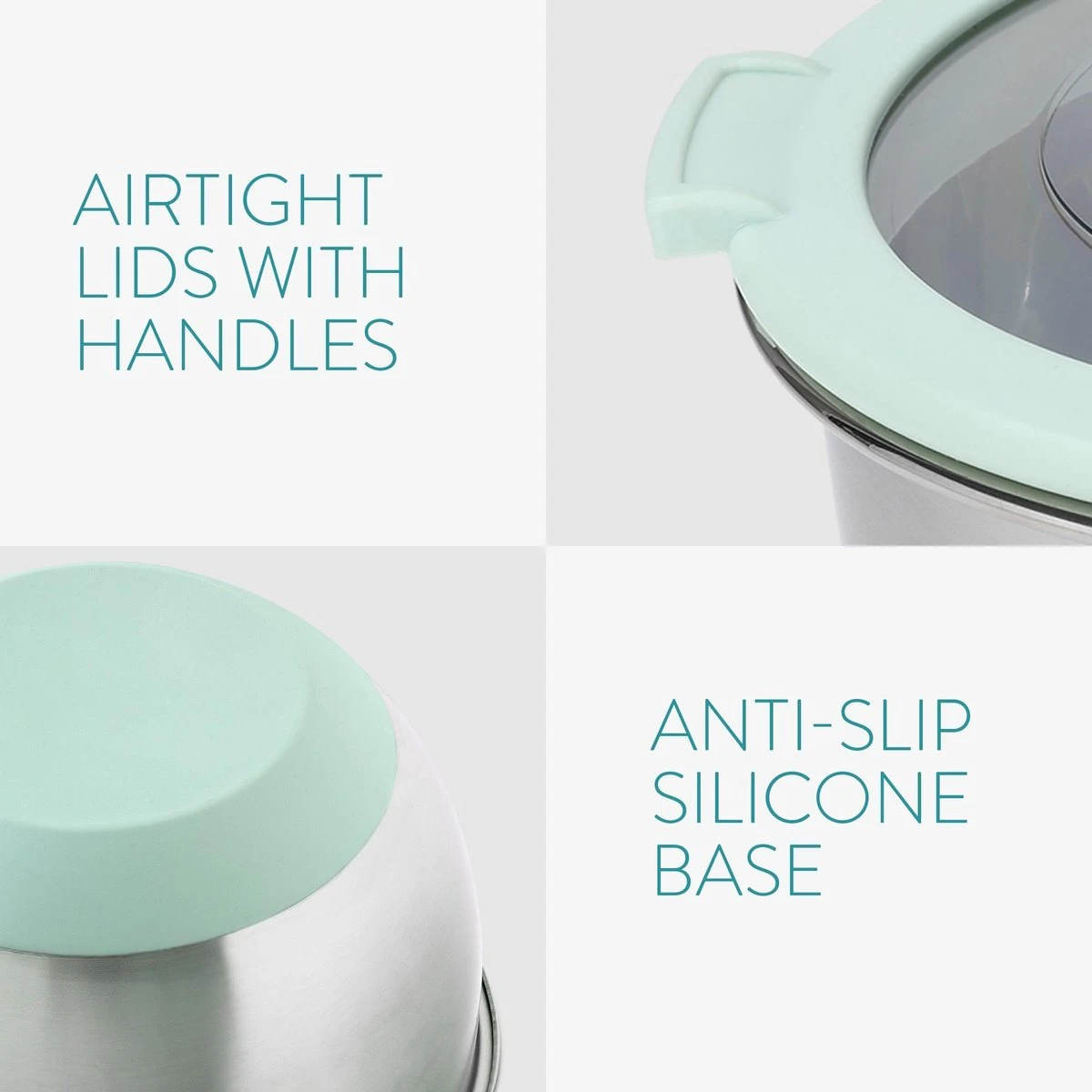 Navaris Roestvrijstalen Mengkom - Set Van 3 Kommen Met Deksel - Antislip Keukenschalen - Mintgroen 6 Navaris Roestvrijstalen Mengkom - Set Van 3 Kommen Met Deksel - Antislip Keukenschalen - Mintgroen - Afbeelding 6