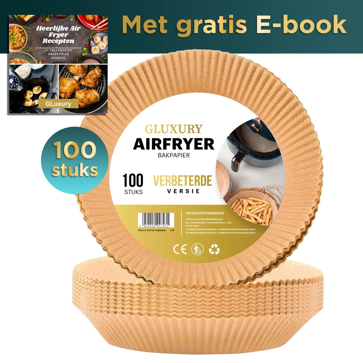 Gluxury Airfryer Bakpapier - 100 Stuks - Wegwerpbakjes Voor Airfryer XL En XXL - Inc. E-book - 20cm 1 Gluxury Airfryer Bakpapier - 100 Stuks - Wegwerpbakjes Voor Airfryer XL En XXL - Inc. E-book - 20cm