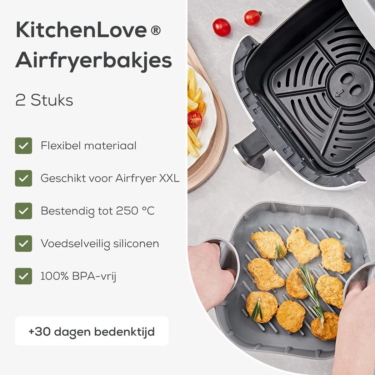 KitchenLove Airfryer Siliconen Bakje - XXL - Set Van 2 - Bakpapier - Mand - Accesoires - 20,5CM - Vierkant 3 KitchenLove Airfryer Siliconen Bakje - XXL - Set Van 2 - Bakpapier - Mand - Accesoires - 20,5CM - Vierkant - Afbeelding 3