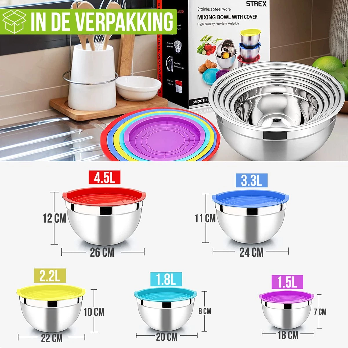 Strex Mengkommen Set 5 Delig - RVS - Mengkom Met Deksel - Beslagkom Met Deksel 7 Strex Mengkommen Set 5 Delig - RVS - Mengkom Met Deksel - Beslagkom Met Deksel - Afbeelding 7