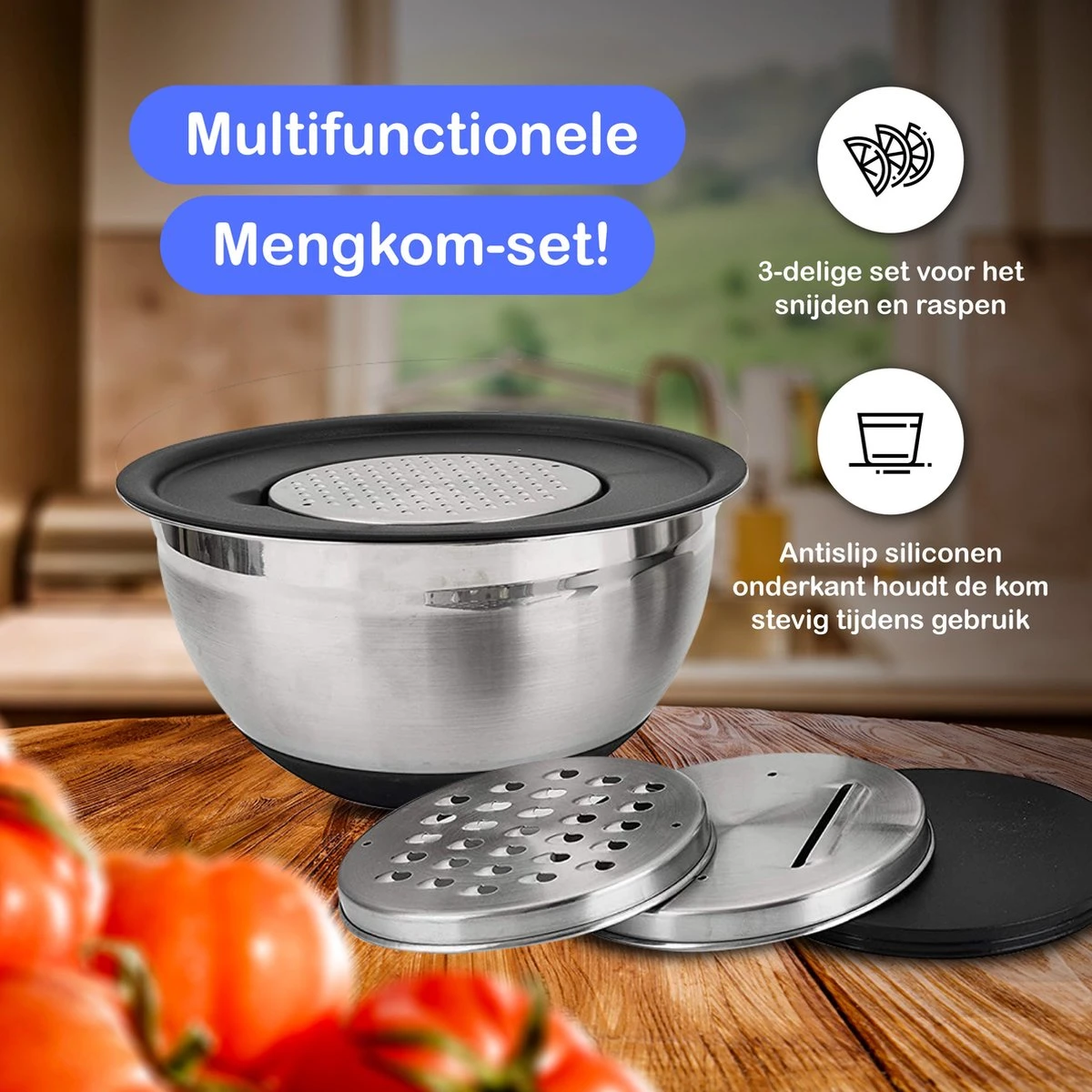 Starie® RVS Mengkom 3-in-1 Set - Met Deksel En 3 Raspen - Beslagkom - Staal 4 Starie® RVS Mengkom 3-in-1 Set - Met Deksel En 3 Raspen - Beslagkom - Staal - Afbeelding 4
