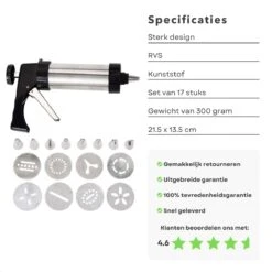 Cheqo® Koekjespistool - Koekjespers - Garneerspuit - Koekjes Spuit - Koekjes Vormpjes - Koekvorm - Koekjes Bakken - 8 Spuitmondjes - RVS - 17 Delig