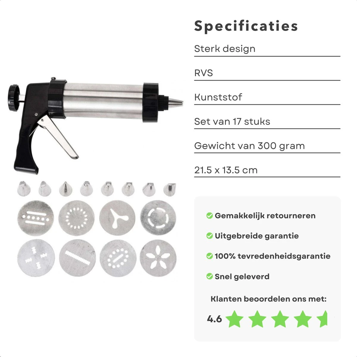 Cheqo® Koekjespistool - Koekjespers - Garneerspuit - Koekjes Spuit - Koekjes Vormpjes - Koekvorm - Koekjes Bakken - 8 Spuitmondjes - RVS - 17 Delig 1 Cheqo® Koekjespistool - Koekjespers - Garneerspuit - Koekjes Spuit - Koekjes Vormpjes - Koekvorm - Koekjes Bakken - 8 Spuitmondjes - RVS - 17 Delig