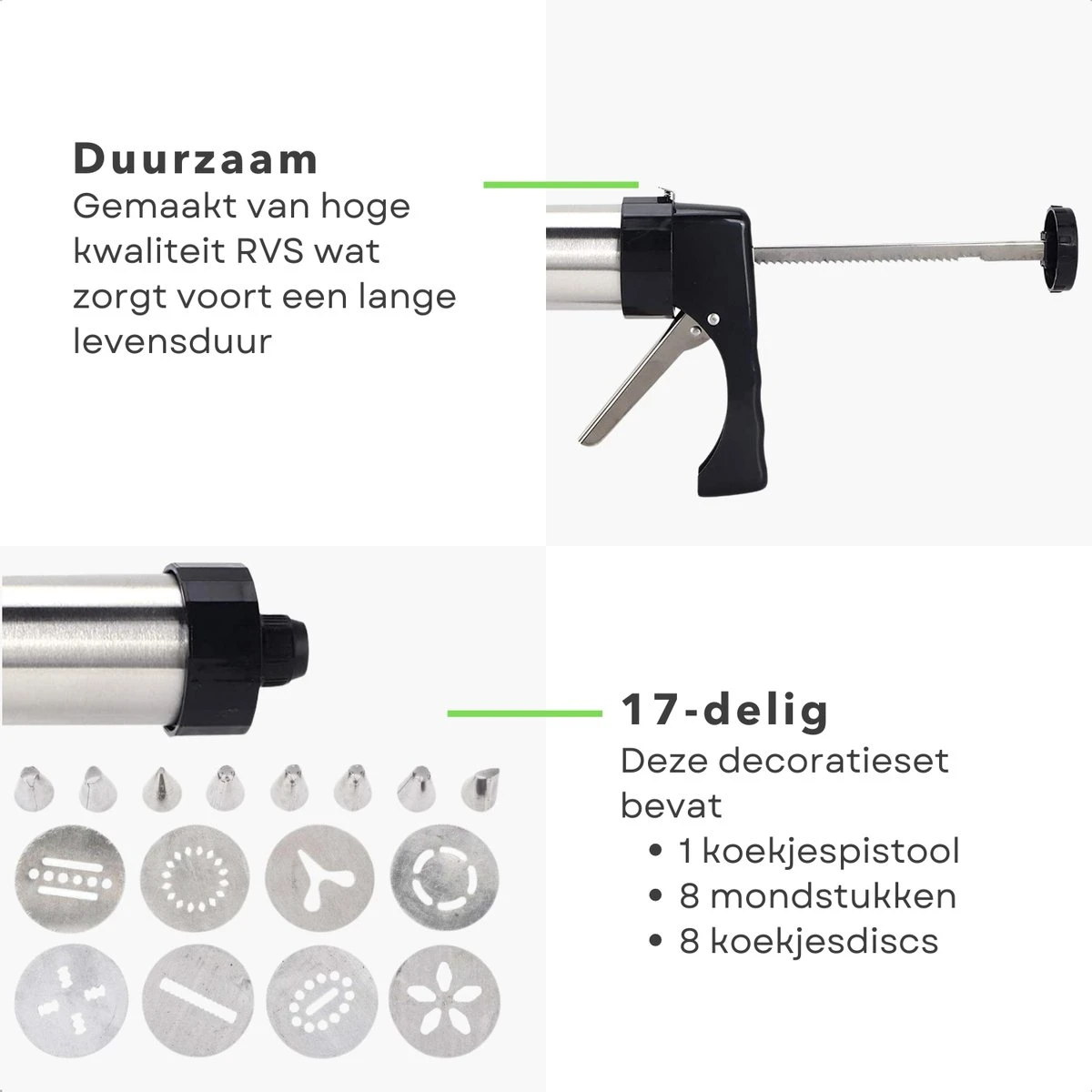 Cheqo® Koekjespistool - Koekjespers - Garneerspuit - Koekjes Spuit - Koekjes Vormpjes - Koekvorm - Koekjes Bakken - 8 Spuitmondjes - RVS - 17 Delig 2 Cheqo® Koekjespistool - Koekjespers - Garneerspuit - Koekjes Spuit - Koekjes Vormpjes - Koekvorm - Koekjes Bakken - 8 Spuitmondjes - RVS - 17 Delig - Afbeelding 2