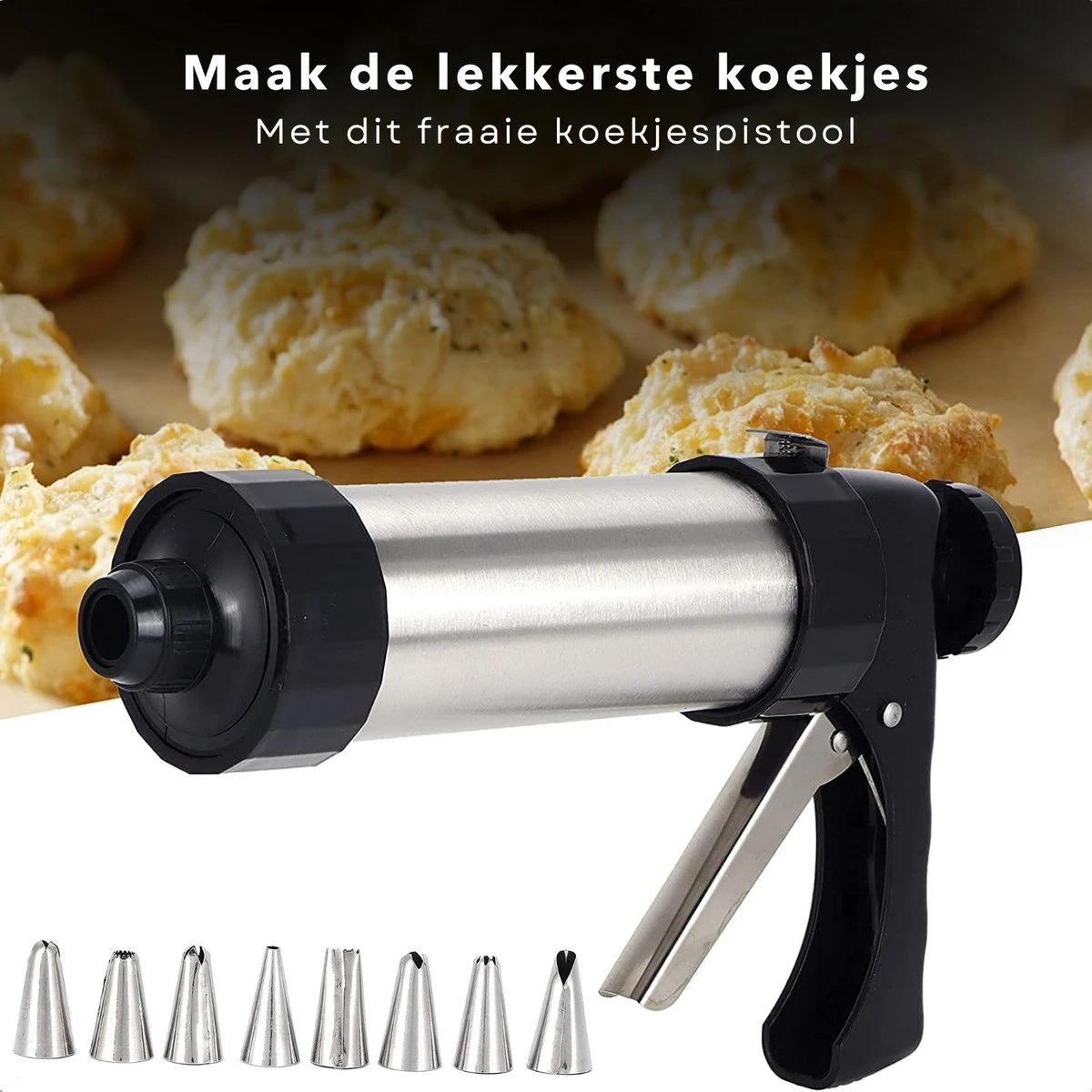 Cheqo® Koekjespistool - Koekjespers - Garneerspuit - Koekjes Spuit - Koekjes Vormpjes - Koekvorm - Koekjes Bakken - 8 Spuitmondjes - RVS - 17 Delig 3 Cheqo® Koekjespistool - Koekjespers - Garneerspuit - Koekjes Spuit - Koekjes Vormpjes - Koekvorm - Koekjes Bakken - 8 Spuitmondjes - RVS - 17 Delig - Afbeelding 3