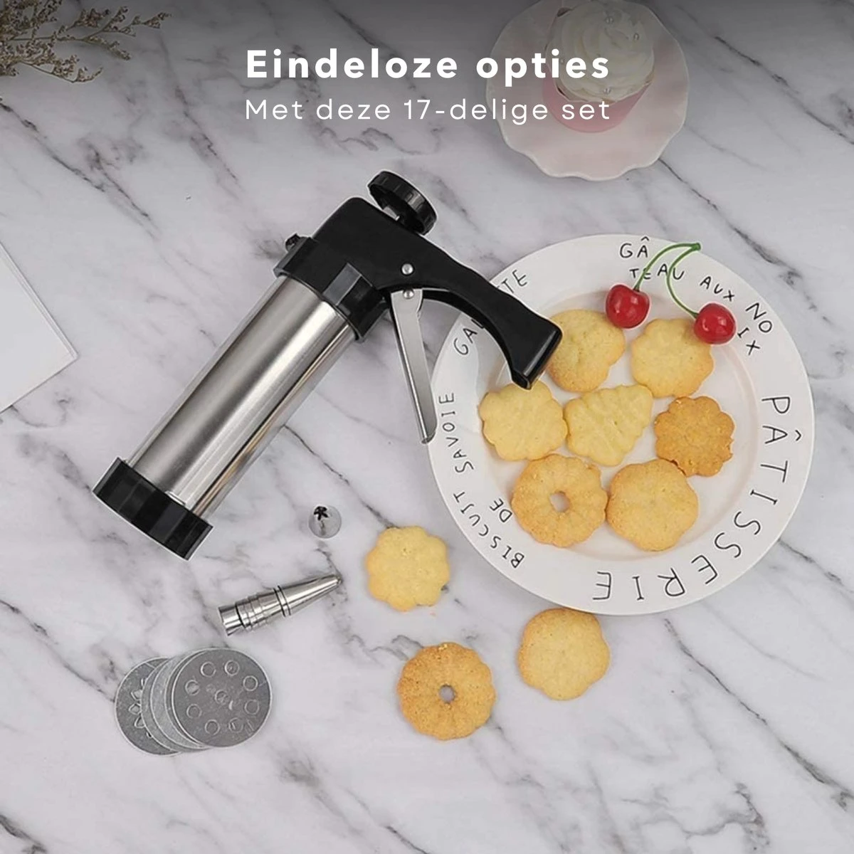 Cheqo® Koekjespistool - Koekjespers - Garneerspuit - Koekjes Spuit - Koekjes Vormpjes - Koekvorm - Koekjes Bakken - 8 Spuitmondjes - RVS - 17 Delig 5 Cheqo® Koekjespistool - Koekjespers - Garneerspuit - Koekjes Spuit - Koekjes Vormpjes - Koekvorm - Koekjes Bakken - 8 Spuitmondjes - RVS - 17 Delig - Afbeelding 5