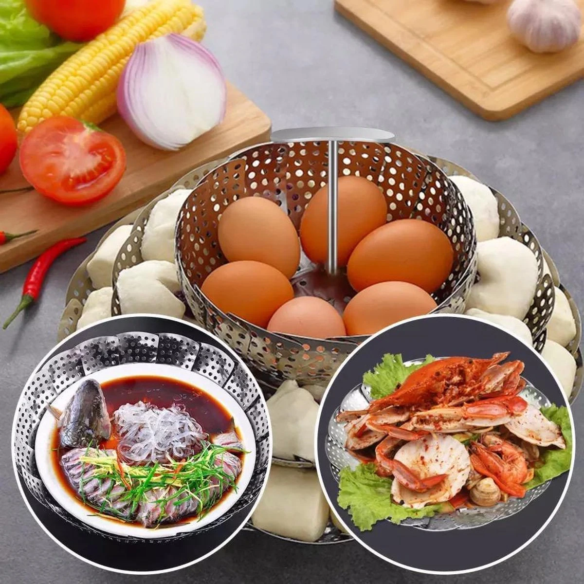 RVS Stoomrek- Stoommand Pan- Groentenstomer - Verstelbaar - Stoominzet - Stoombloem- Steamer Basket- Voor Groenten/vegetables 3 RVS Stoomrek- Stoommand Pan- Groentenstomer - Verstelbaar - Stoominzet - Stoombloem- Steamer Basket- Voor Groenten/vegetables - Afbeelding 3