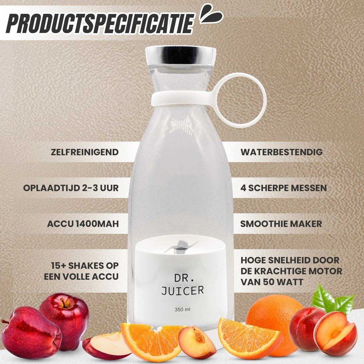Dr.Juicer - Mini Blender – Smoothie Maker – Draagbaar – Draadloos En USB-oplaadbaar – 350 Ml – Wit 3 Dr.Juicer - Mini Blender – Smoothie Maker – Draagbaar – Draadloos En USB-oplaadbaar – 350 Ml – Wit - Afbeelding 3
