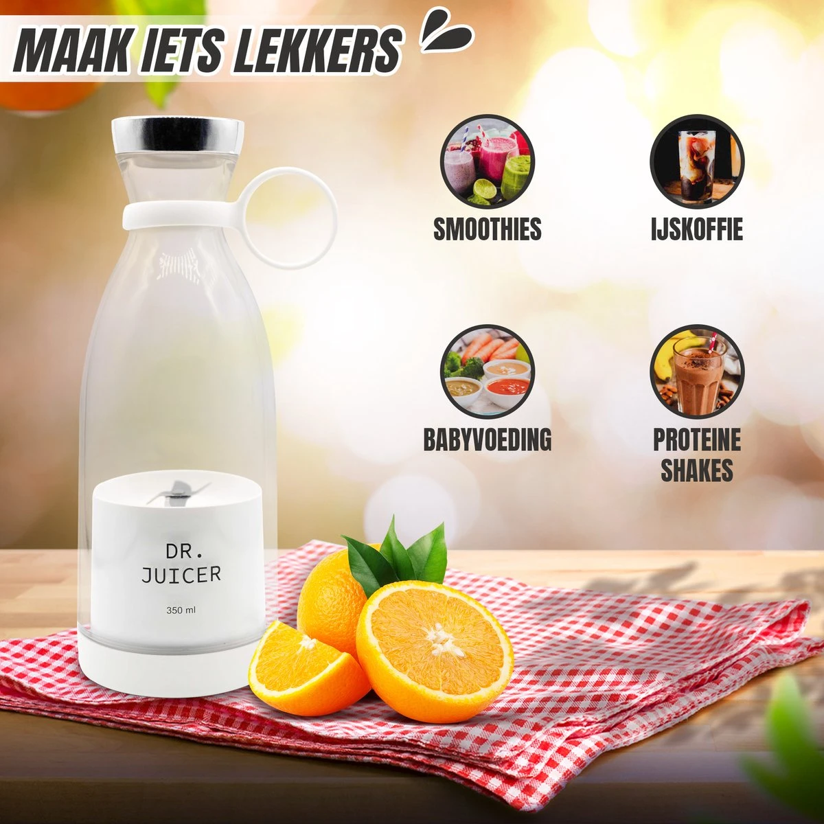 Dr.Juicer - Mini Blender – Smoothie Maker – Draagbaar – Draadloos En USB-oplaadbaar – 350 Ml – Wit 5 Dr.Juicer - Mini Blender – Smoothie Maker – Draagbaar – Draadloos En USB-oplaadbaar – 350 Ml – Wit - Afbeelding 5