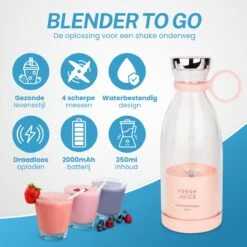 Merkloos Draagbare Mini Blender - Blender To Go - Blender Smoothie Compact - Mini Smoothie Maker - Oplaadbare Blender - Smoothies - Fruit - Mixer - Blender - Roze - -Merkloos Winkel 1200x1200 7098