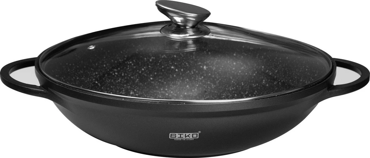 BIKO - Wokpan Ø 36 Cm - Marmeren Coating - Glazen Deksel - Wadjan - Zwart 1 BIKO - Wokpan Ø 36 Cm - Marmeren Coating - Glazen Deksel - Wadjan - Zwart