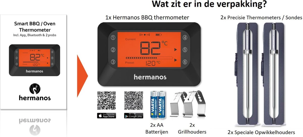 Hermanos® Digitale BBQ Thermometer Draadloos - Vleesthermometer - Oventhermometer - Bluetooth Met App - 2 Meetsondes - Magneet - Incl. Batterijen 9 Hermanos® Digitale BBQ Thermometer Draadloos - Vleesthermometer - Oventhermometer - Bluetooth Met App - 2 Meetsondes - Magneet - Incl. Batterijen - Afbeelding 9