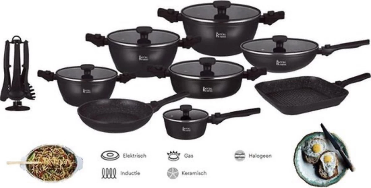 Royal Swiss® - Set Lot 33-delige - Pannenset Inductie - Steengoeden - Afneembare Handgreep - Glazen Deksel - Geschikt Voor Oven - PFAS-vrij + Keukengerei 6 Royal Swiss® - Set Lot 33-delige - Pannenset Inductie - Steengoeden - Afneembare Handgreep - Glazen Deksel - Geschikt Voor Oven - PFAS-vrij + Keukengerei - Afbeelding 6