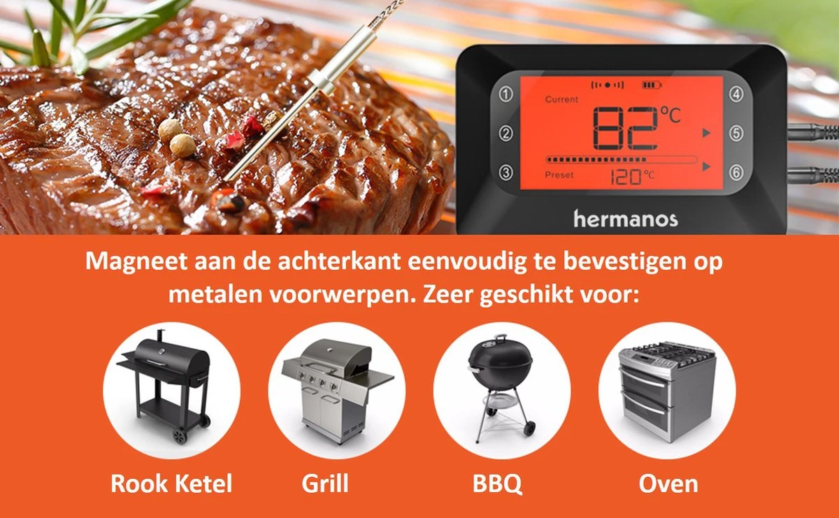 Hermanos® Digitale BBQ Thermometer Draadloos - Vleesthermometer - Oventhermometer - Bluetooth Met App - 2 Meetsondes - Magneet - Incl. Batterijen 6 Hermanos® Digitale BBQ Thermometer Draadloos - Vleesthermometer - Oventhermometer - Bluetooth Met App - 2 Meetsondes - Magneet - Incl. Batterijen - Afbeelding 6