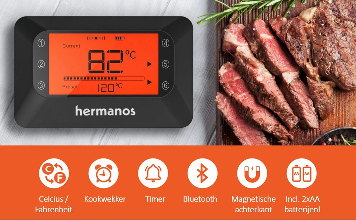Hermanos® Digitale BBQ Thermometer Draadloos - Vleesthermometer - Oventhermometer - Bluetooth Met App - 2 Meetsondes - Magneet - Incl. Batterijen 5 Hermanos® Digitale BBQ Thermometer Draadloos - Vleesthermometer - Oventhermometer - Bluetooth Met App - 2 Meetsondes - Magneet - Incl. Batterijen - Afbeelding 5