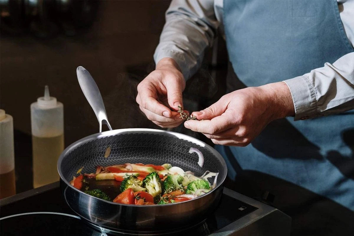 Honingraat Heavy Duty Anti-aanbak Koekenpan - Steelpan - Wok - Met Deksel 30 Cm - Gas - Elektrisch - Inductie - Oven 5 Honingraat Heavy Duty Anti-aanbak Koekenpan - Steelpan - Wok - Met Deksel 30 Cm - Gas - Elektrisch - Inductie - Oven - Afbeelding 5