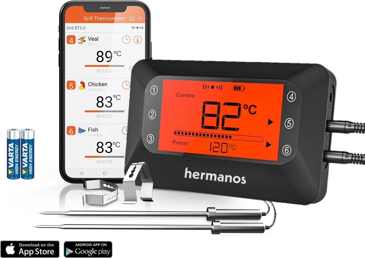 Hermanos® Digitale BBQ Thermometer Draadloos - Vleesthermometer - Oventhermometer - Bluetooth Met App - 2 Meetsondes - Magneet - Incl. Batterijen 1 Hermanos® Digitale BBQ Thermometer Draadloos - Vleesthermometer - Oventhermometer - Bluetooth Met App - 2 Meetsondes - Magneet - Incl. Batterijen