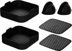 Noswo Airfryer Siliconen Bakje - Set Van 4 Inclusief Wanten - 20.5x20.5 Cm - Bakpapier Alternatief - Accesoires - Siliconen Airfryer Mand - Bakvorm - XXL