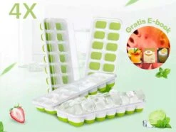 Ijsblokjesvorm- Ijsblokjesvormen- Ijsblokjesvorm Met Deksel- 4 Stuks - Silicone Onderkant- BPA Vrij- 56 Ijsblokjes- Gratis Cocktail E-book- Cocktail Ijsblokjes