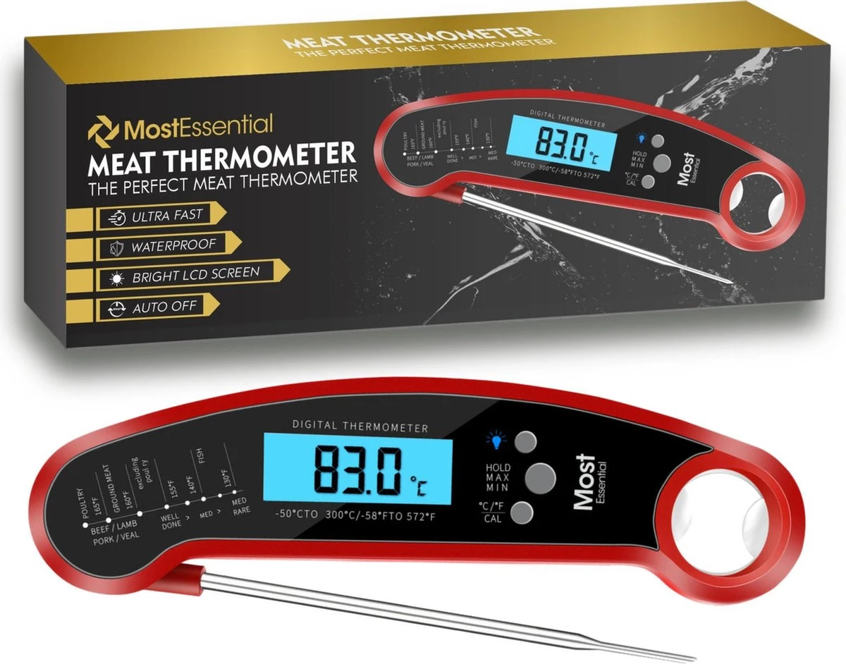 MostEssential Premium Vleesthermometer - BBQ Thermometer - Kernthermometer - Suikerthermometer - Voedselthermometer - Thermometer Koken - Keuken Thermometer - Digitaal – Draadloos - Waterdicht 1 MostEssential Premium Vleesthermometer - BBQ Thermometer - Kernthermometer - Suikerthermometer - Voedselthermometer - Thermometer Koken - Keuken Thermometer - Digitaal – Draadloos - Waterdicht