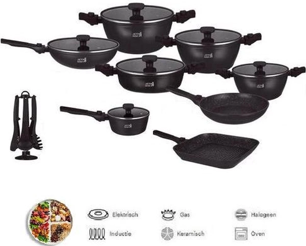 Swiss Homes® | 33 - Delige Steengoeden Pannenset | Afneembare Handgrepen, 6 Potten + 2 Pannen + Pollepelbodem + 2 Pollepels + 6 Deksels + 12 Handgrepen + Accessoire. - | PFAS-Vrij | Zwart 1 Swiss Homes® | 33 - Delige Steengoeden Pannenset | Afneembare Handgrepen, 6 Potten + 2 Pannen + Pollepelbodem + 2 Pollepels + 6 Deksels + 12 Handgrepen + Accessoire. - | PFAS-Vrij | Zwart