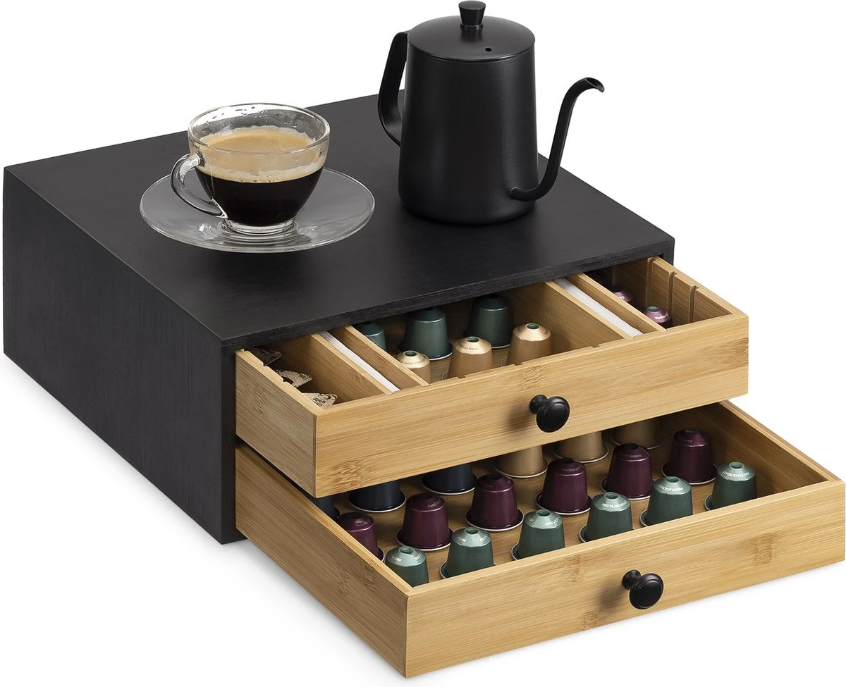 Navaris Bamboe Capsulehouder Met Lades - 33 X 35 X 14 Cm - Koffiecups Houder Voor Max. 72 Cups - Zwart 1 Navaris Bamboe Capsulehouder Met Lades - 33 X 35 X 14 Cm - Koffiecups Houder Voor Max. 72 Cups - Zwart