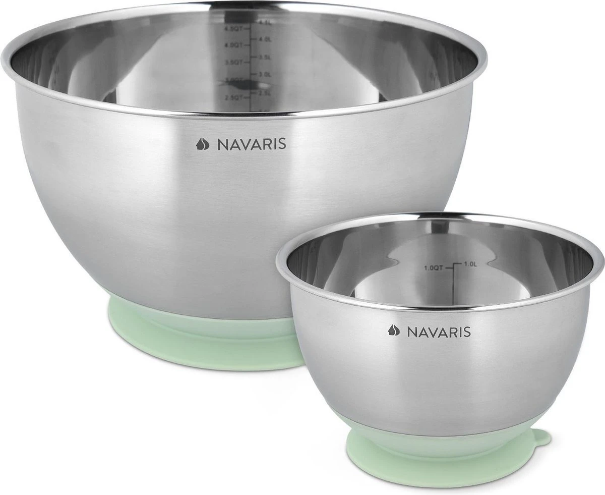 Navaris Roestvrijstalen Mengkom - Set Van 2 Kommen Met Deksel - Antislip Keukenschalen - Mintgroen 1 Navaris Roestvrijstalen Mengkom - Set Van 2 Kommen Met Deksel - Antislip Keukenschalen - Mintgroen