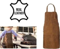 Lederen Barbecue Schort Met Voorvak Lichtbruin - BBQ Schort 100% Buff Suede