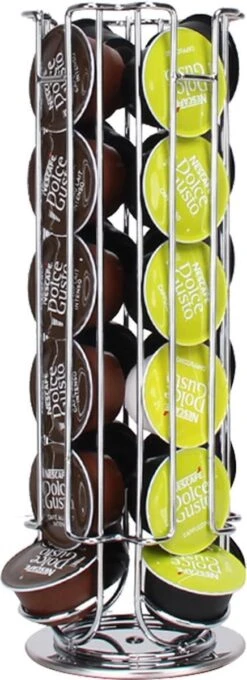 Zindoo Koffie Capsulehouder - Koffiecups Standaard - 24 Cups - Capsule - Dolce Gusto - Draaibaar - Koffie - Espresso - Metalen Standaard - Anti-slip - Cup Dispenser - Pad Organizer - Zilverkleurig - Keukenaccessoire - Capsule Houder Koffie