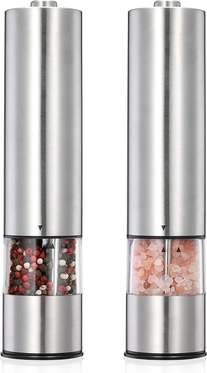 Elektrische Zout- En Pepermolen - Set 2 Stuks - RVS - Met LED-verlichting - Grofheid Verstelbaar 1 Elektrische Zout- En Pepermolen - Set 2 Stuks - RVS - Met LED-verlichting - Grofheid Verstelbaar