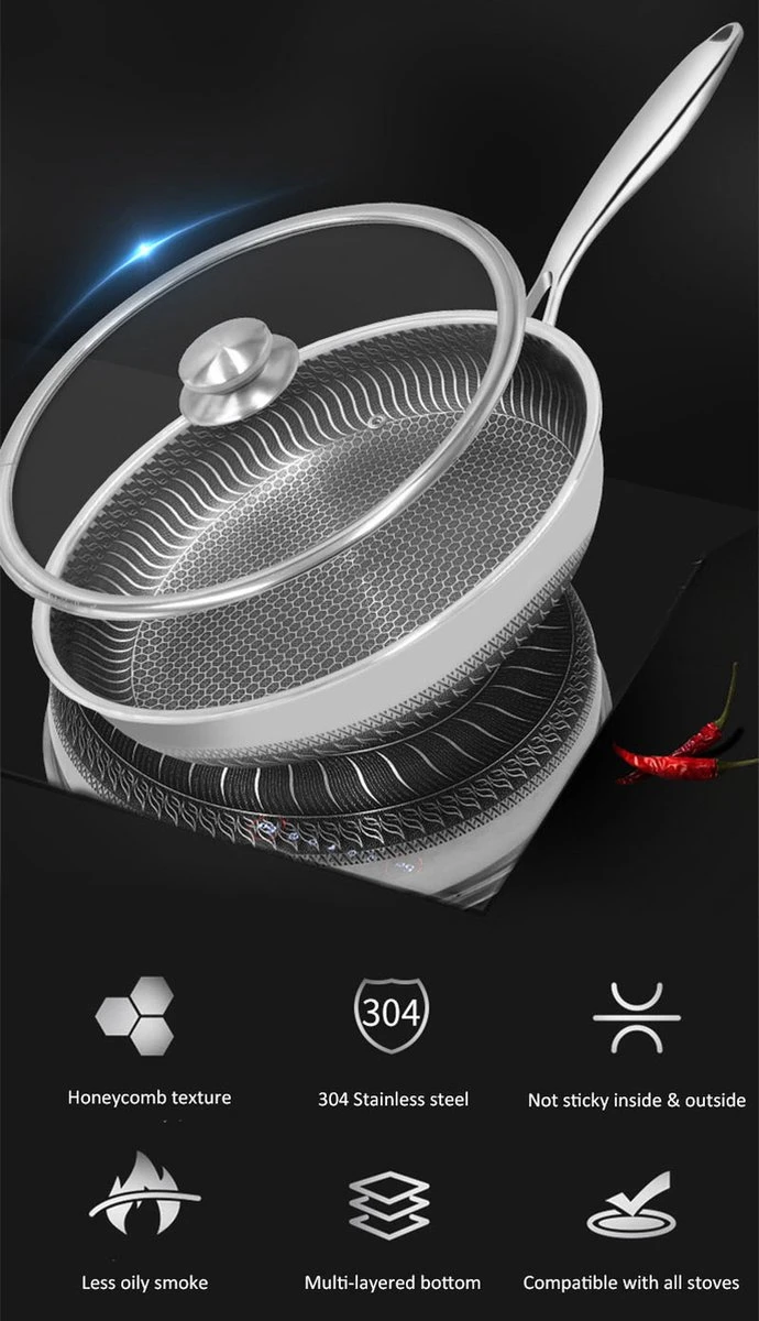 Honingraat Heavy Duty Anti-aanbak Koekenpan - Steelpan - Wok - Met Deksel 30 Cm - Gas - Elektrisch - Inductie - Oven 2 Honingraat Heavy Duty Anti-aanbak Koekenpan - Steelpan - Wok - Met Deksel 30 Cm - Gas - Elektrisch - Inductie - Oven - Afbeelding 2