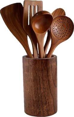 Luverno® - Keukengerei Set - 6 Delig - Teakhout - Keukenset - Keukengerei - Keukengerei Set Met Houder - Keukengerei Houder - Spatelpot - Bruin