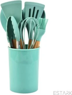 ESTARK® Keukengerei Set - Keukengerei Houder - Keukengerei Set Met Houder - 12 Delig - Antraciet Zwart - Houten Steel - Siliconen - Kerstcadeau - Pastalepel - Spatel Voor Beslag - Open Spatel - Grote Lepel - Open Lepel - Soeplepel - Keuken Spatels 12 -Merkloos Winkel 915x1200 1