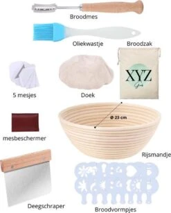 XYZ Goods - Rijsmandje Inclusief Deegkleed, Deegschraper, Broodmes, Oliekwast - Voor Brood Bakken Rijsmand - Banneton - Rijsmandje Broodbakken - Rijsmandje Rond - Ø 23 Cm - Complete Broodbak Set -Merkloos Winkel 966x1200 3